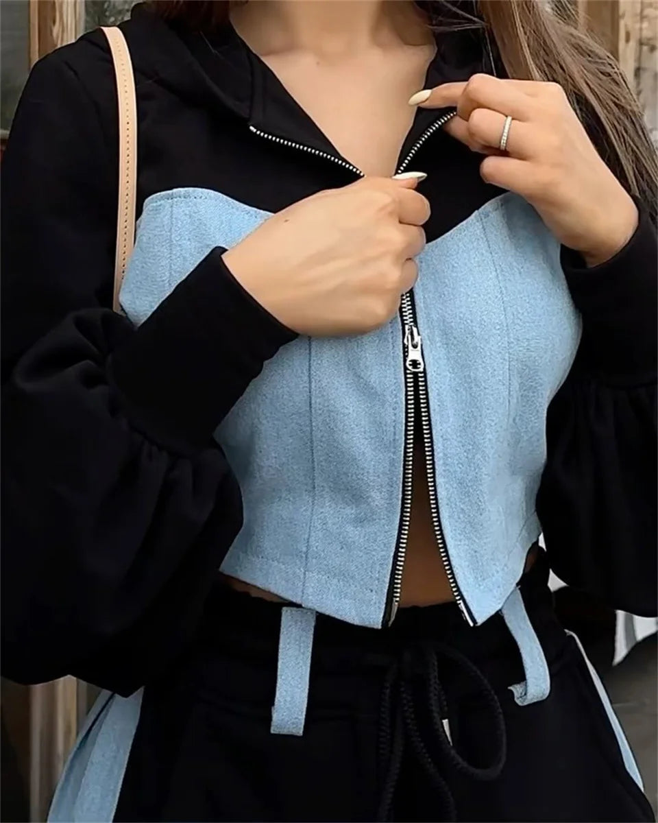 Ensemble 2 pièces en denim patchwork pour femmes, tenue décontractée, sweats à capuche minces, haut court, pantalon de survêtement à jambes larges, streetwear imbibé, survêtements à la mode