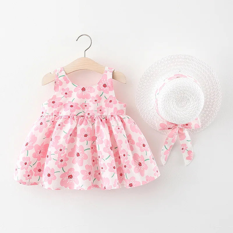 Robe d'été à bretelles florales pour bébé fille, vêtements sans manches avec nœud pour enfants avec chapeaux en cadeau (9 mois-3 ans), nouvelle collection