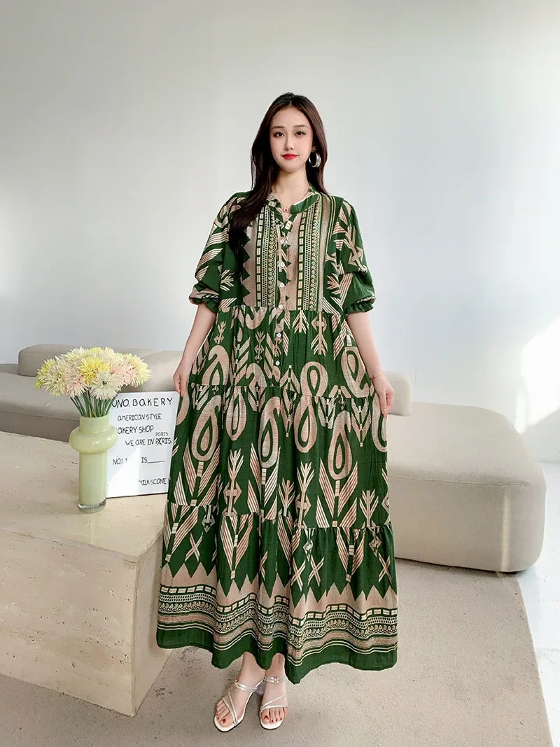 Loose-fitting bohemian cotton dress with floral print, long sleeves, plus size, maternity maxi dress for pregnant women and expectant mothers