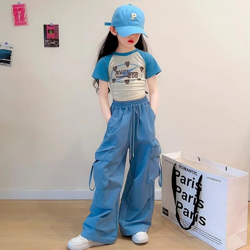 Girls' cargo pants, straight-leg spring pants with pockets, fashionable loose-fitting pants for teenagers aged 5 to 14