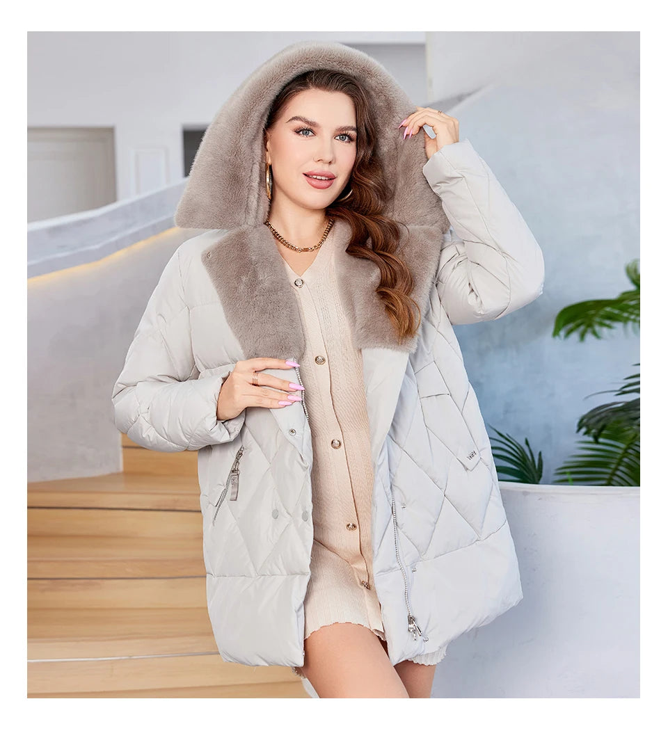 HaiLuoZi-Veste Courte à Capuche avec Fourrure pour Femme, Vêtement d'Hiver de Grande Taille, Design de Matelassage Indépendant, Grandes Poches, Combiné 2023, Nouvelle Collection 1163