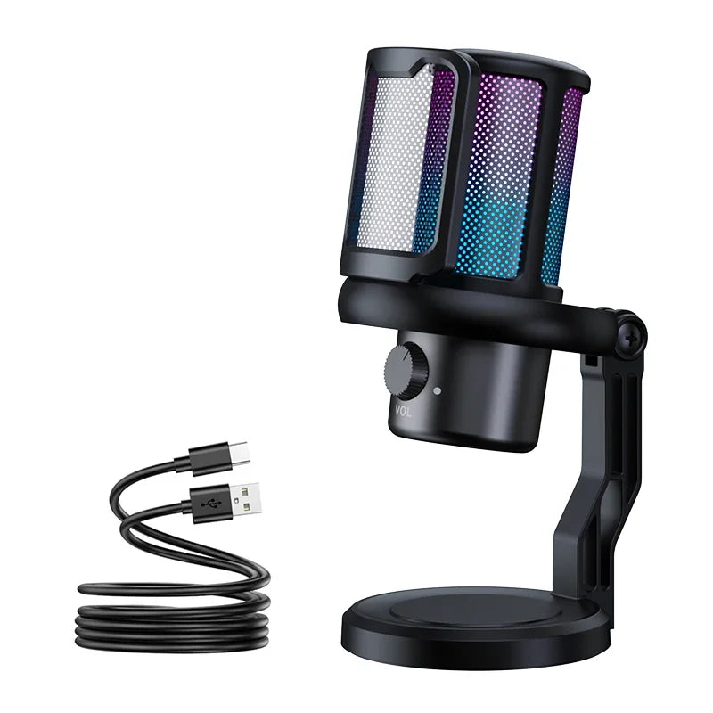 Microphone USB pour PC, Microphone de jeu RGB avec sortie casque et bouton tactile muet, suppression du bruit pour l'enregistrement de Streami