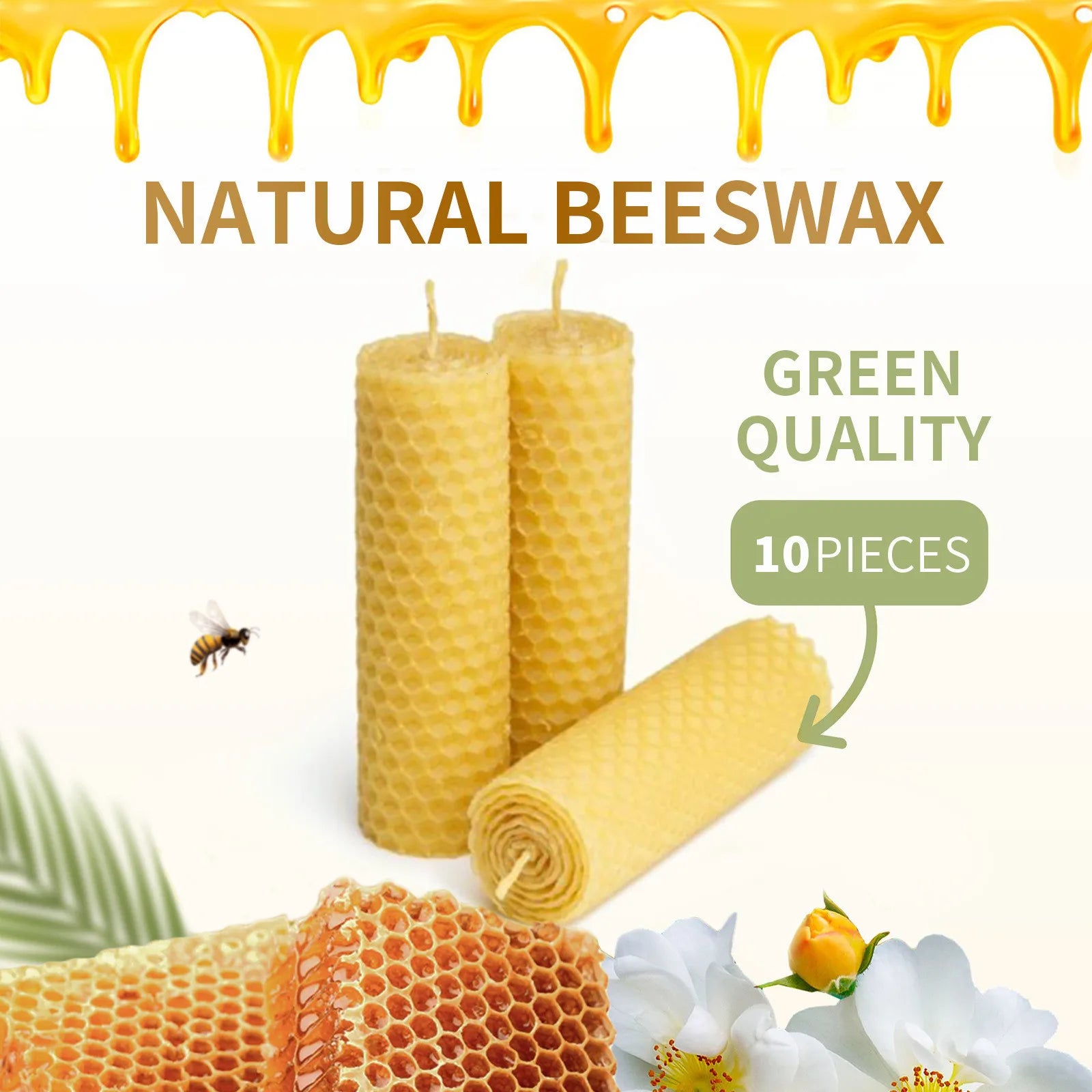 Bougies en cire d'abeille naturelle, 10 pièces, faites à la main, sans additifs, bougies de luxe haut de gamme pour dîner aux chandelles, cérémonie de mariage
