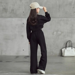 Girls' solid color outfit set, long-sleeved cropped sweater and pants, 2 pieces, new spring-autumn fashion, casual suit for children aged 4 to 12 years