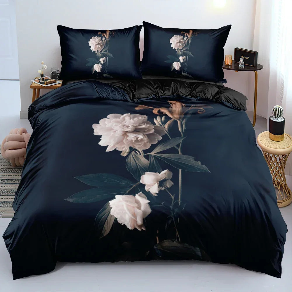 Royal Blue Gold Flower Classic Duvet Cover Sets, Queen, Full, Double Duvet Covers Pillowcases Bedding Set 260x220cm