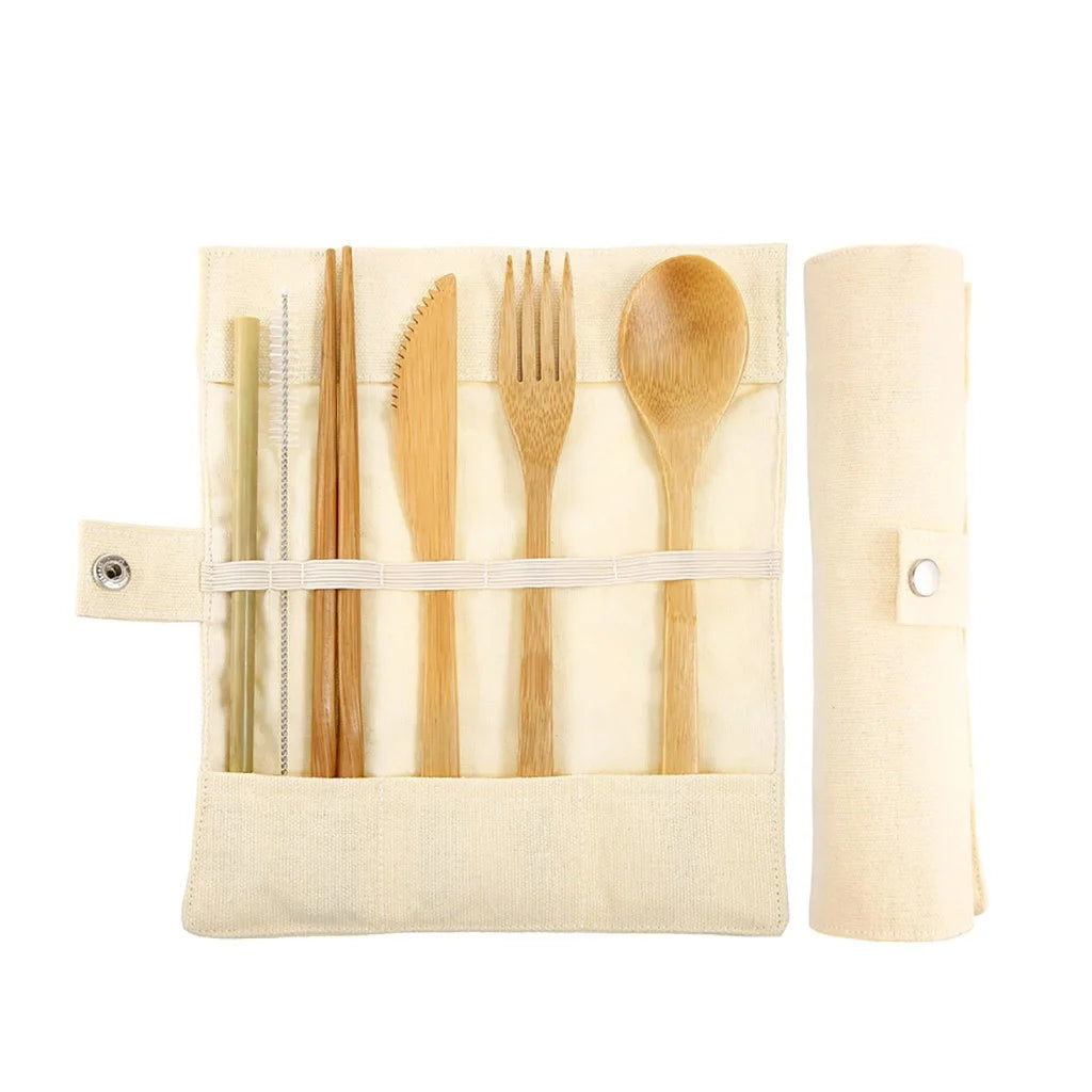 Bamboo travel tableware, reusable bamboo cutlery set with carrying case, portable wooden tableware, bamboo charcoal toothbrush