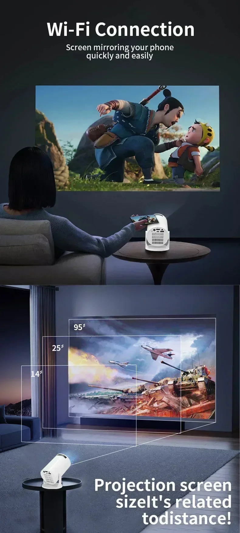 Projecteur de film extérieur 1080P LED, 270 °   Angle réglable, prise en charge USB/TV Box/téléphone/PC pour le camping