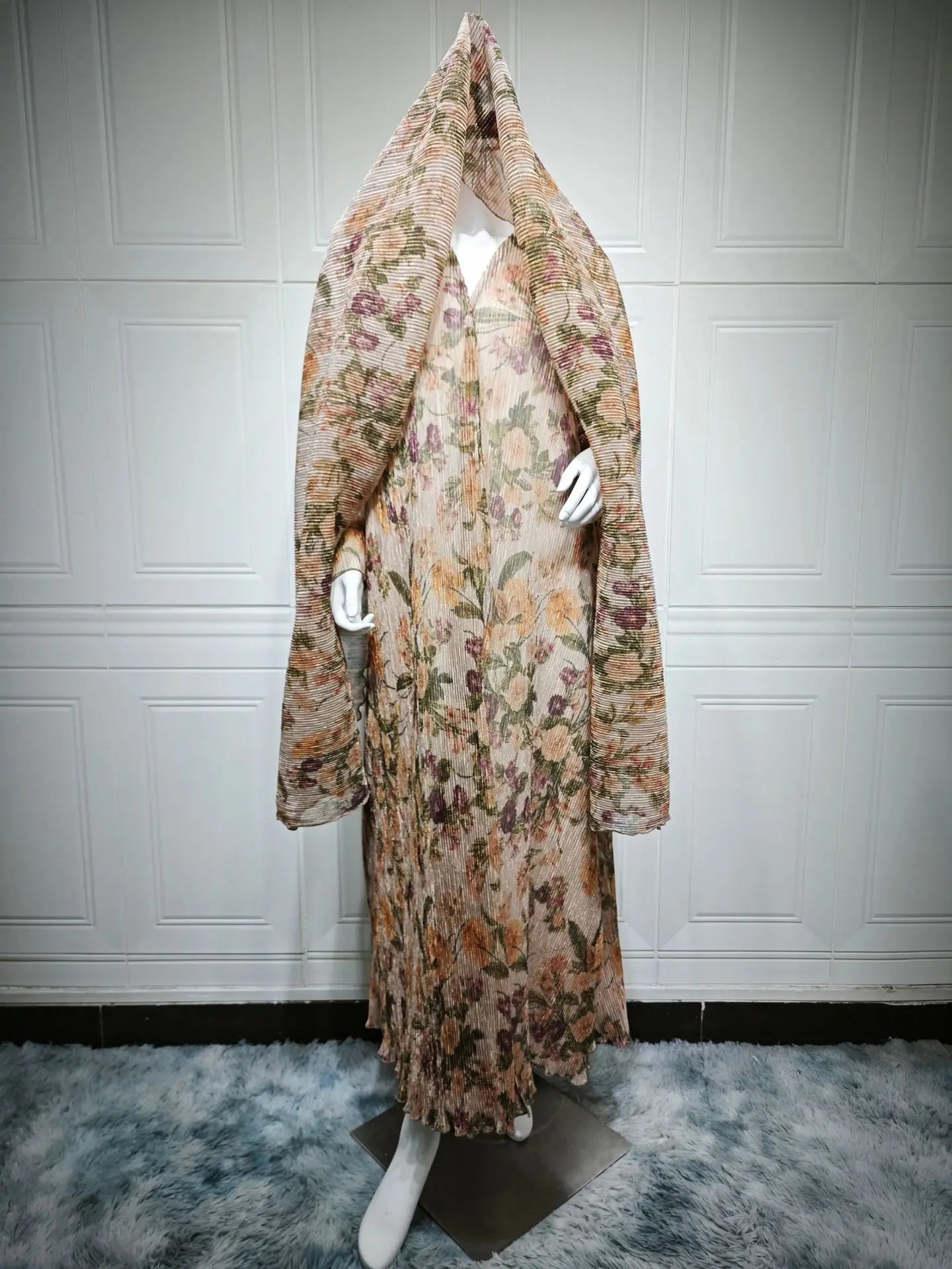 Luxury Dubai Women's Abaya Hijab Included Muslim Elegant Floral Print Pleated Open Long Sleeve Cardigan Caftan