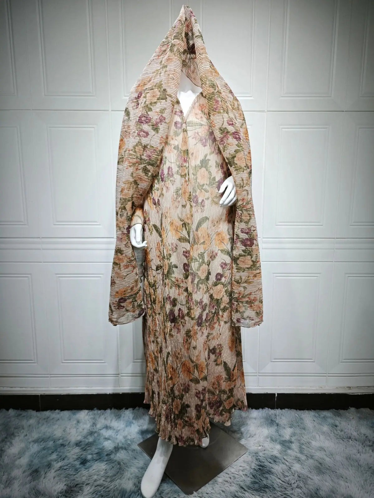 Luxury Dubai Women's Abaya Hijab Included Muslim Elegant Floral Print Pleated Open Long Sleeve Cardigan Caftan