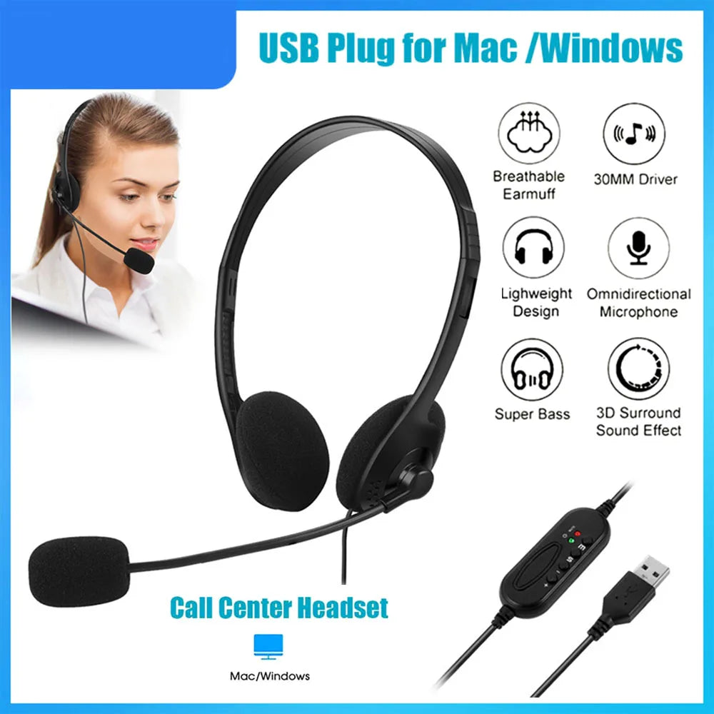 Casque USB avec microphone, réduction du bruit, pour appels sur ordinateur, chat, centre d'appels, casque de service