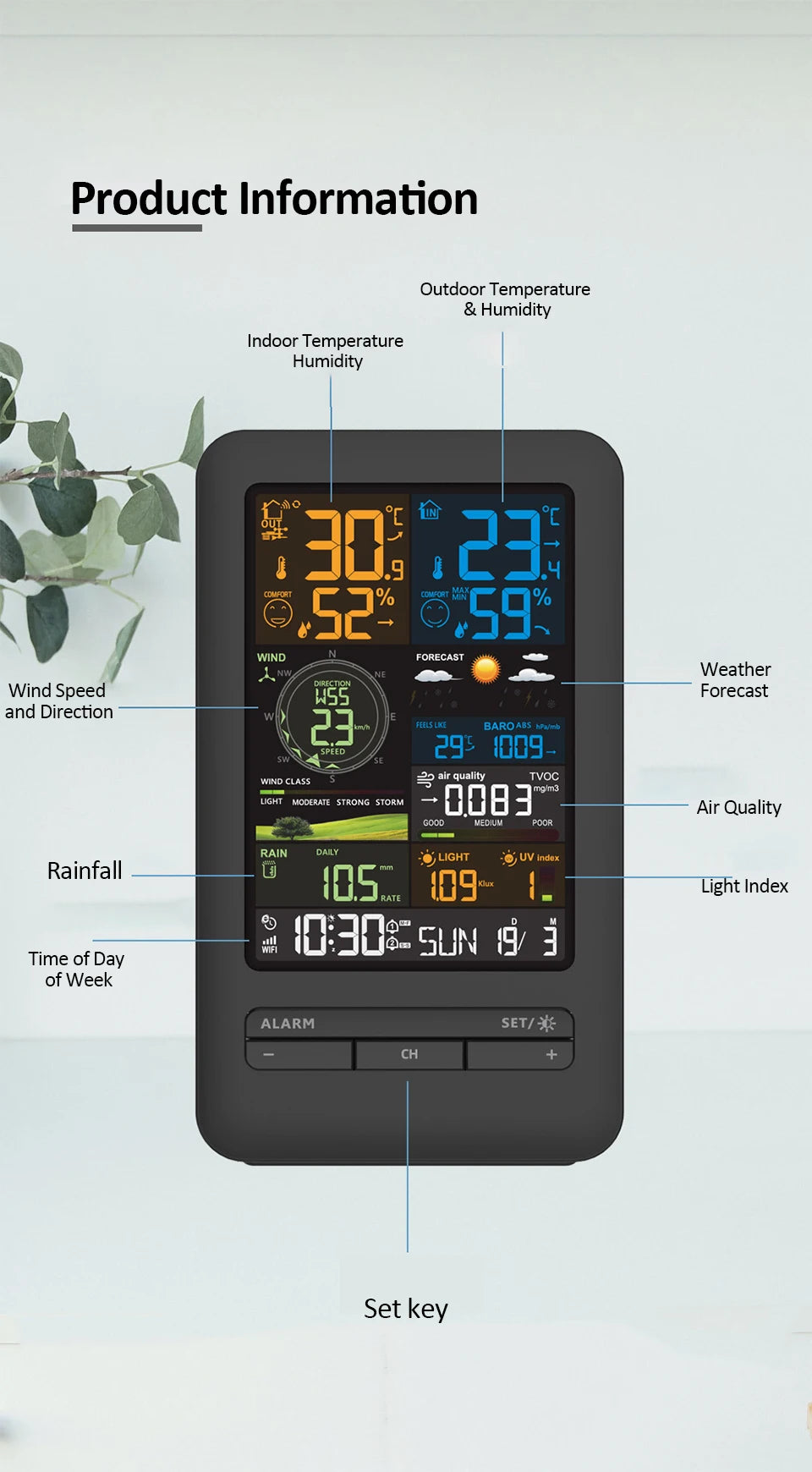 Tuya WiFi Station météo intelligente horloge compteur de température et d'humidité compteur de vitesse et de direction du vent écran couleur horloge numérique