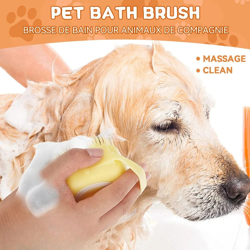 Brosse de bain pour chien, brosse de Massage pour animaux de compagnie, distributeur de shampoing, brosse en Silicone souple, poils en caoutchouc pour chiens et chats, outil de toilettage de douche
