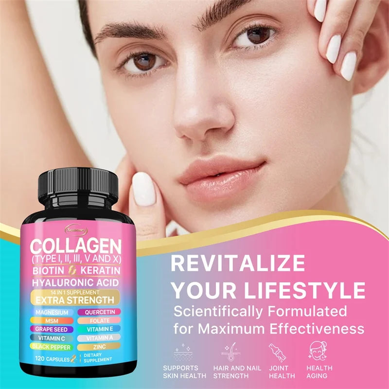 Supplément de collagène (Types I, II, III, V et X), biotine, kératine, acide hyaluronique, MSM - Santé de la peau, des ongles et des articulations, anti-âge