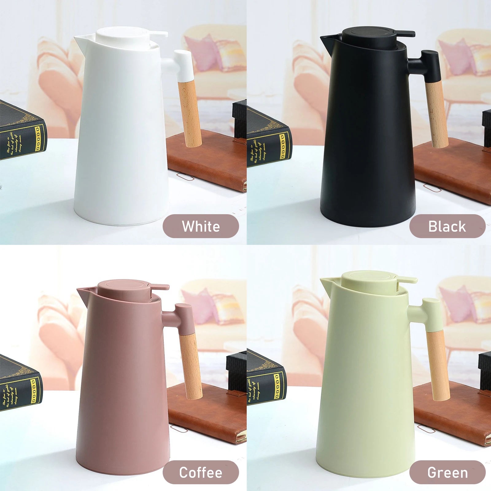 Carafe à café thermique sous vide à double paroi, pot thermos avec poignée en bois, bouilloire isolée, garde au chaud et au froid, 1L