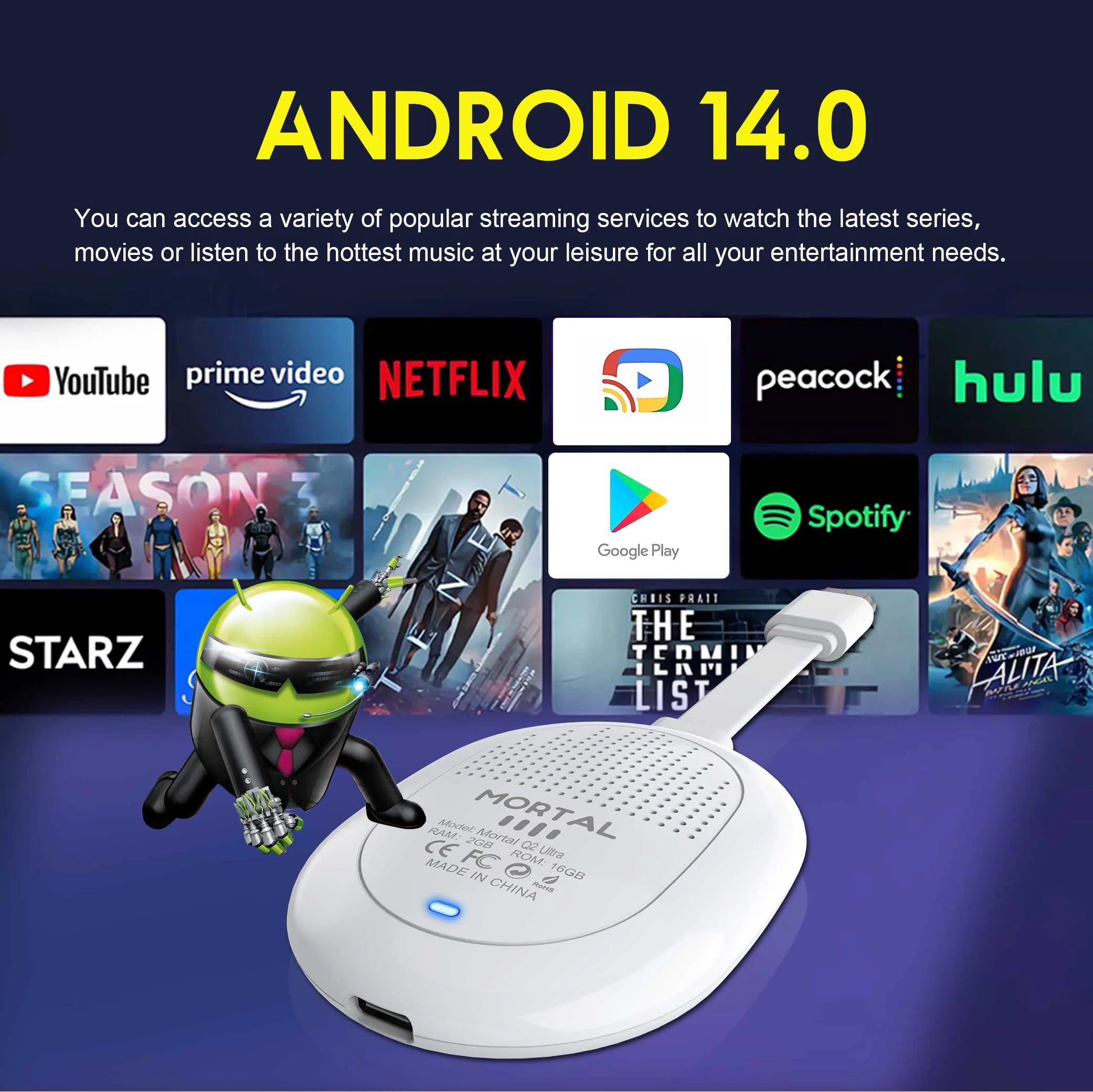 Android TV Stick Smart 4K Home cinéma Mortal Q2 ultra AllwinnerH313 Netflix YouTube Wifi6 Bluetooth Chromecast télécommande vocale