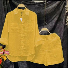 Ensemble d'été 2 pièces en coton et lin pour femmes, chemise et short blancs à manches longues, à la mode, pour la maison, survêtement, 2024