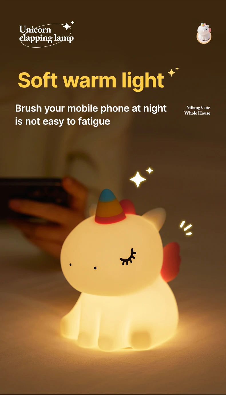 Veilleuse licorne mignonne en Silicone pour enfants, veilleuse LED à intensité variable, lampe licorne Squishy, lampe de chevet Rechargeable