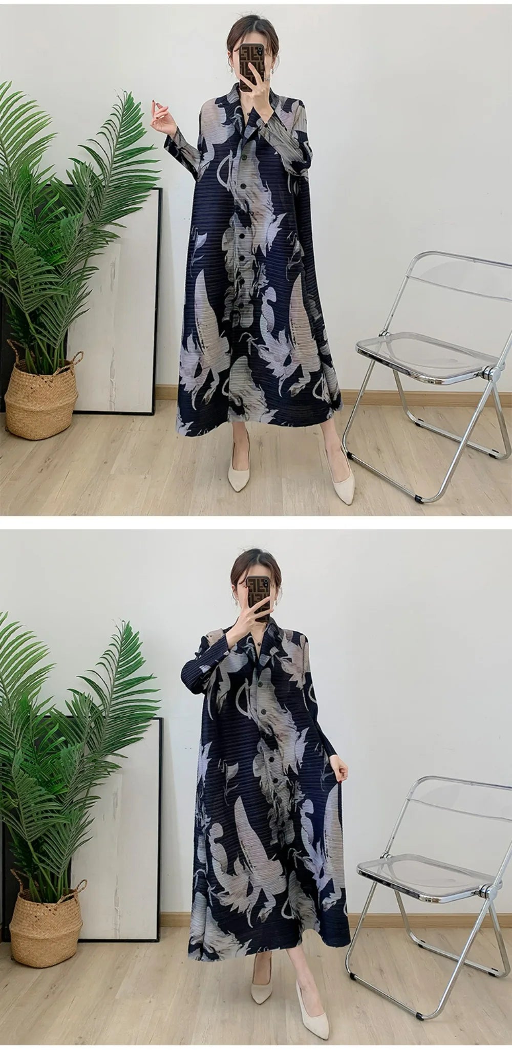 Robe imprimée à col en v pour maman, nouvelle mode d'âge moyen et âgée, manches sept-quarts, jupe plissée verte X, printemps 2025