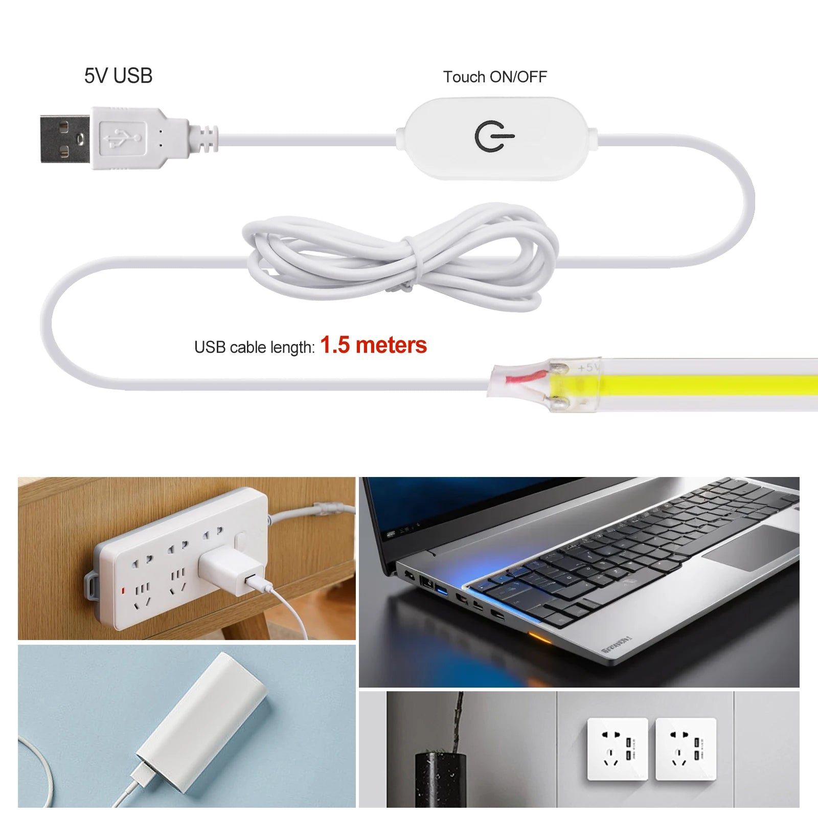 5V USB LED Strip Light, 320 LEDs/M COB, Dimmable Touch Sensor Switch/Push Switch, DIY, TV Mirror, Backlighting, Night Light for Room
