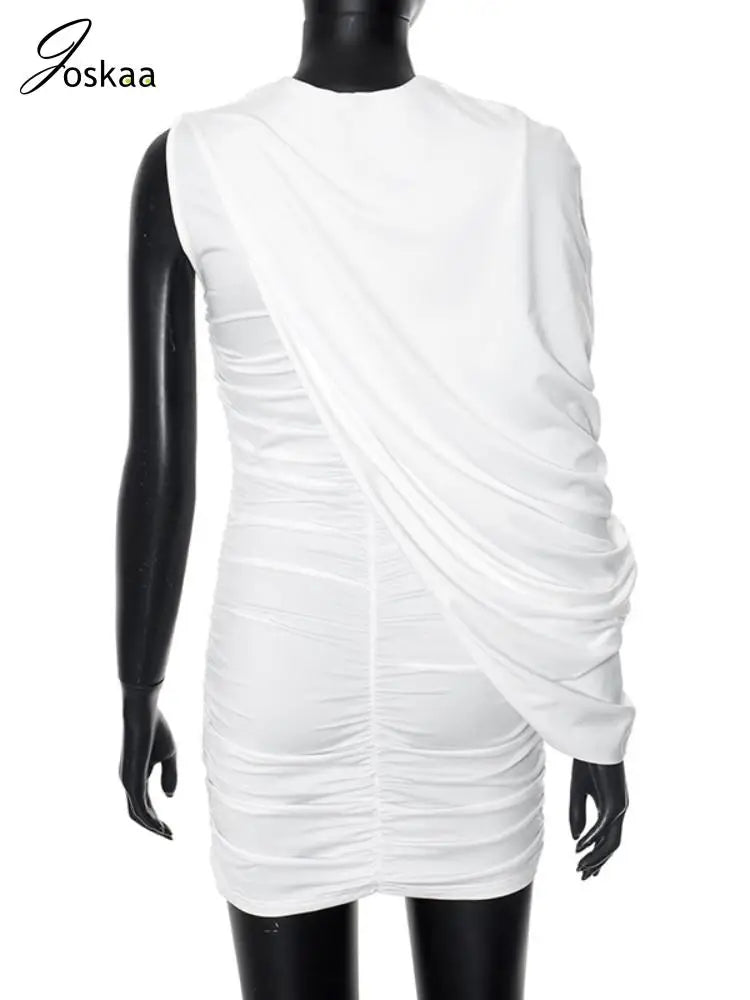 Joskaa – Mini robe plissée élégante, col rond, asymétrique, manches simples, façonnant le corps, pour femmes, vêtements de club de fête de vacances d'été, 2025