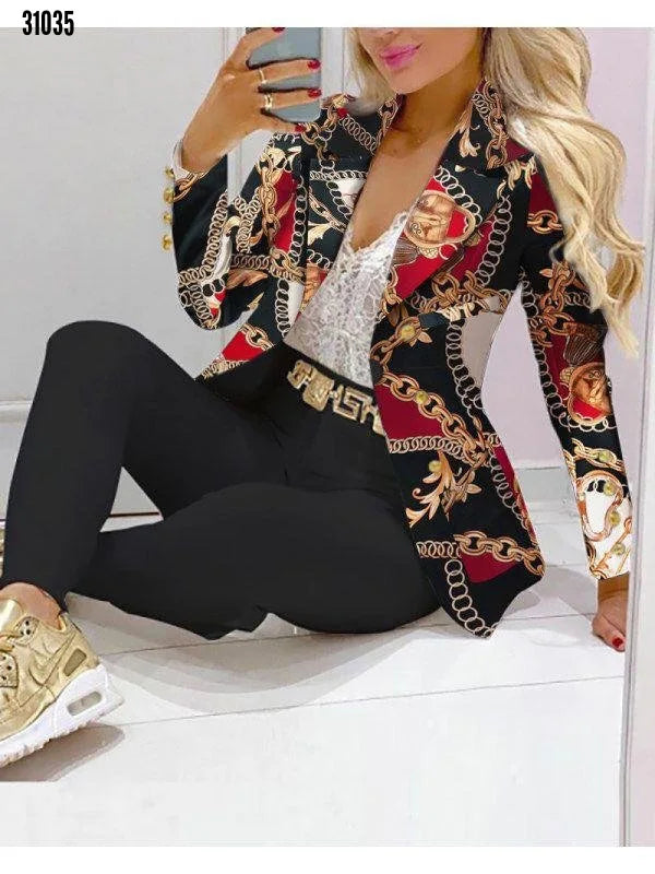 Women's Casual Striped Printed Suit, Office Lady Coat and Pant Set, Elegant Fashion Long Sleeve Top, Trousers, Two Piece Set, Female Outfit, 2023