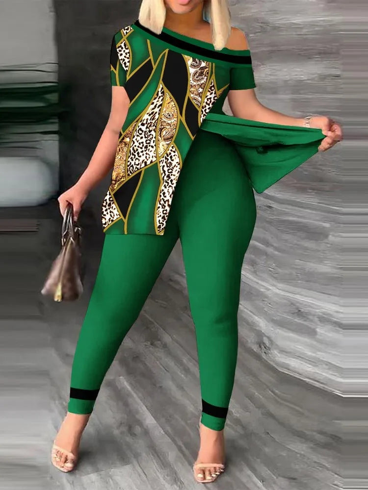 Women's Printed 2 Piece Set, Irregular Slanted Collar Split Top Short Sleeve Long Pants Colorful Outfit Fashion Women Pant Suit