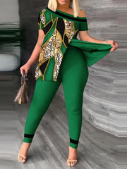 Women's Printed 2 Piece Set, Irregular Slanted Collar Split Top Short Sleeve Long Pants Colorful Outfit Fashion Women Pant Suit