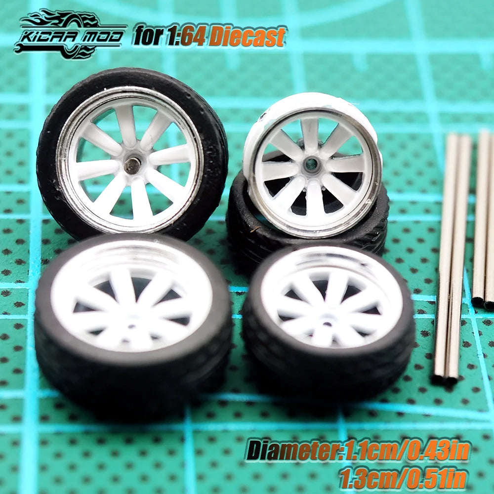 KicarHapp1/64-Jantes Métalliques ABS avec Caoutchouc pour Voiture Miniature, Pièces de Réaménagement Avant, Petite et Arrière