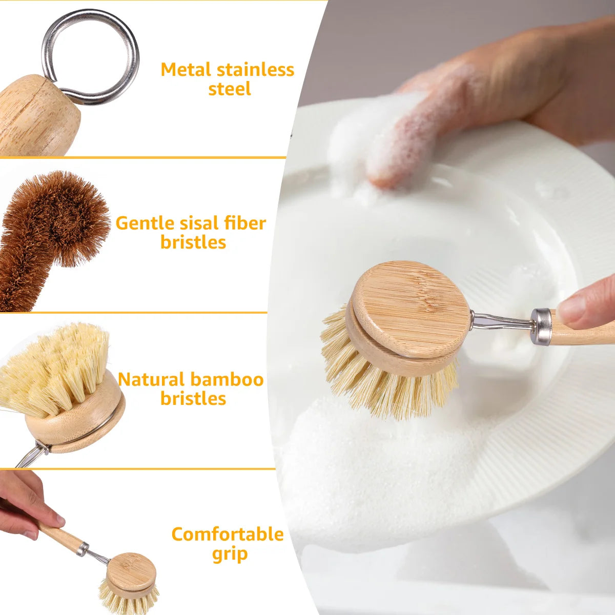 Brosses à vaisselle en bambou remplaçables, épurateurs de nettoyage en bois de cuisine, outil de nettoyage ménager, 4/5 pièces