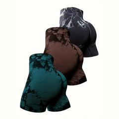 Women's 3-Piece Workout Shorts, Tie-Dye, Crinkled, Butt Lifting, High Waist, Yoga, Gym, Seamless Booty, Biker, Activewear