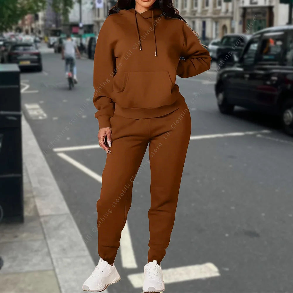Ensemble deux pièces à capuche et pantalon pour femme, basique, vierge, automne-hiver, sweat-shirt surdimensionné, coupe ample, survêtement féminin