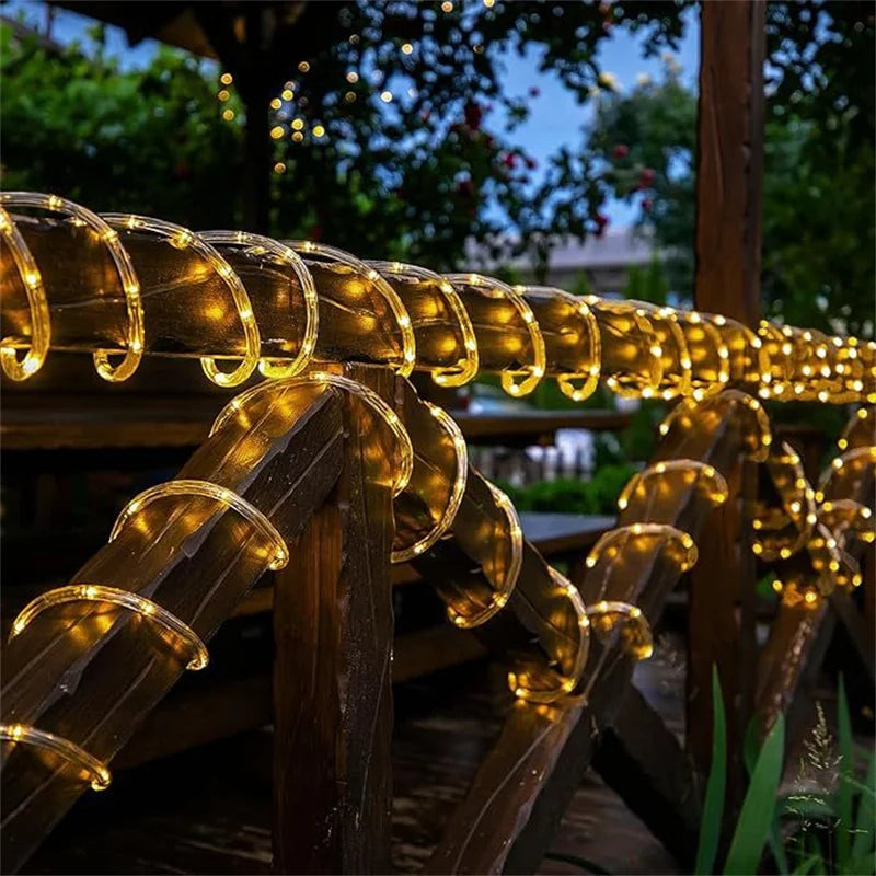 Solar string lights, outdoor tube rope lights, waterproof tube lights for outdoor home, garden, parties, and decorations. LED outdoor lights.