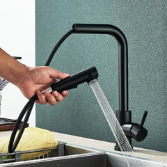 Évier de cuisine flexible à nervures noires, 2 modes, flux et buse de pulvérisateur, acier inoxydable, eau chaude et froide, pont de robinet de centre commercial