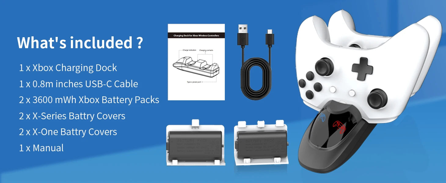 Station de chargeur de contrôleur avec 2 batteries rechargeables de 3600 mWh pour Xbox One/Series X | Contrôleur S, double station de charge pour