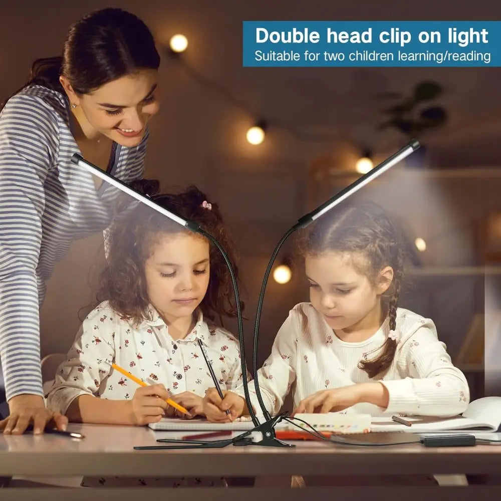 LED desk lamp with clip, dimmable reading lamp, 3 color temperatures, 10 brightness levels, USB clip-on table lamp