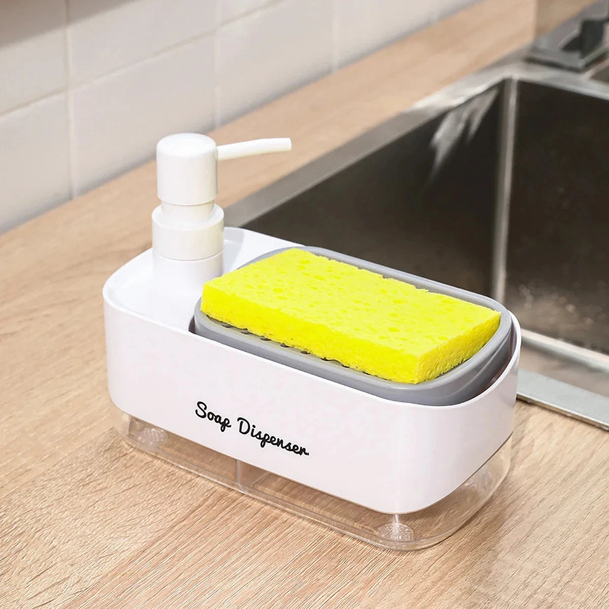 Ensemble distributeur de savon pour les mains et la vaisselle, distributeur de détergent, porte-éponge, pompe à savon de comptoir 2 en 1 pour évier de cuisine