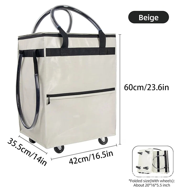 Sac de courses réutilisable à roulettes, sac fourre-tout roulant de voyage de grande capacité, fermeture à glissière, poignée pliable, pas facile à casser