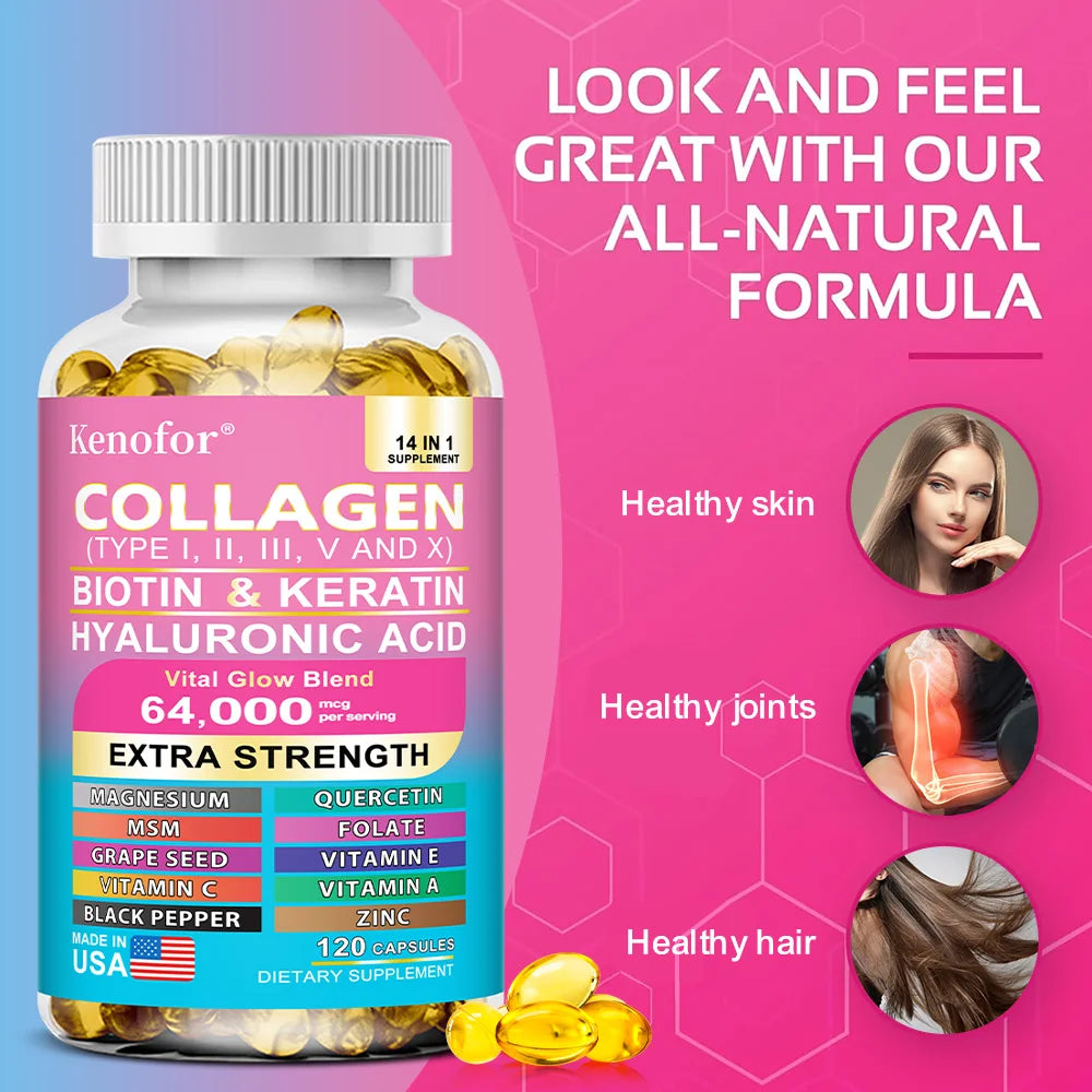 Kenofor collagène 1000 mg avec biotine 10,000 mcg, kératine acide hyaluronique vitamine C formule saine complément alimentaire sans gluten
