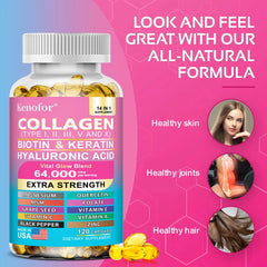 Kenofor collagène 1000 mg avec biotine 10,000 mcg, kératine acide hyaluronique vitamine C formule saine complément alimentaire sans gluten