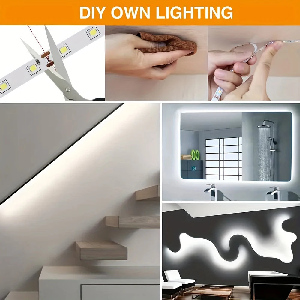 USB DC 5V 2835 LED strip light, white/warm white, with on/off switch, for bedroom, mirror, wardrobe, cabinet, TV