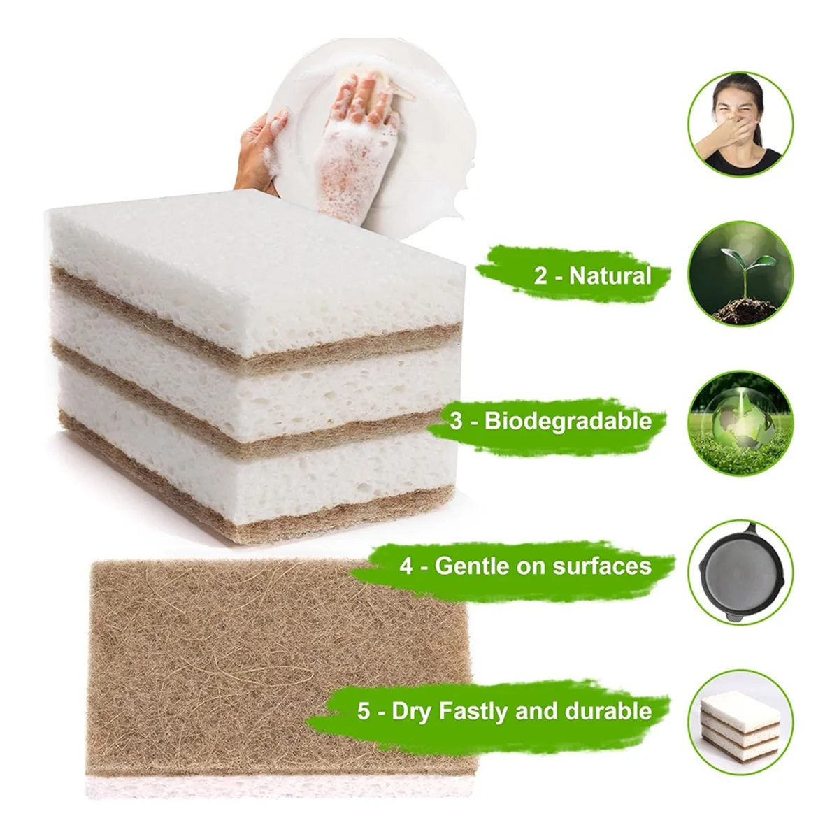 Paquet d'éponges naturelles écologiques pour la vaisselle, éponge de cuisine bionickel able avec épurateur AMP compostable, 12 pièces