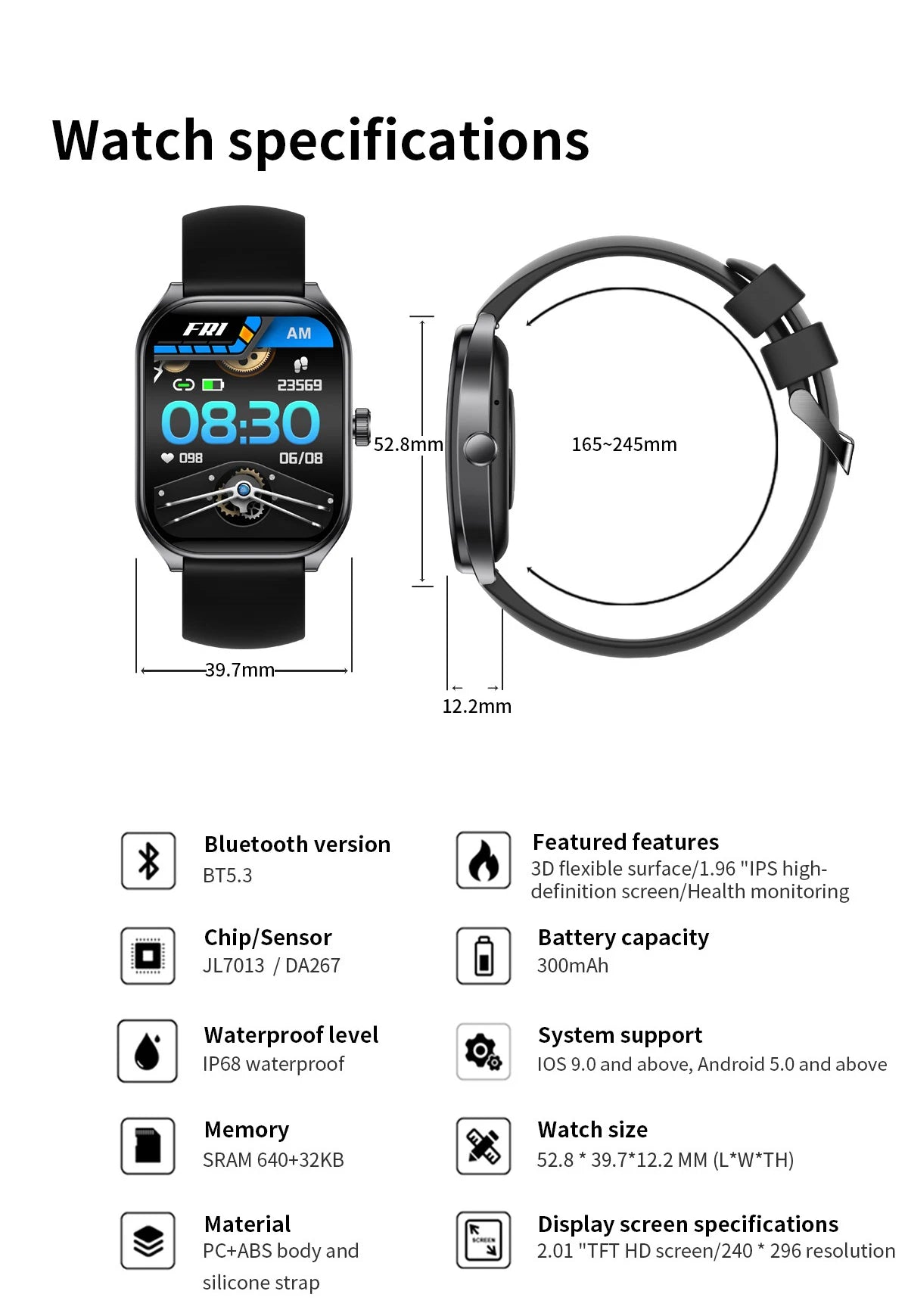 Montre intelligente 2.01 ''AMOLED écran incurvé IP68 étanche Bluetooth 5.3 appel AI Vioce Assistant Fitness Smartwatch pour hommes