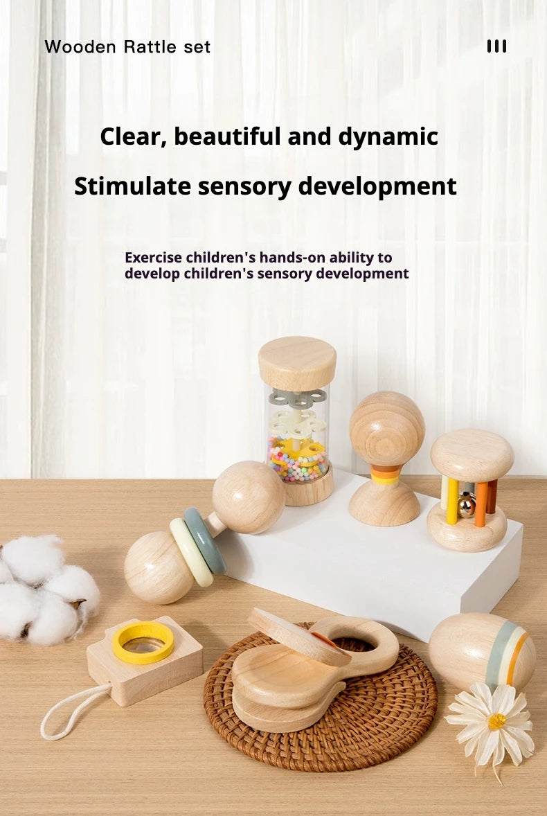Ensemble de jouets en bois pour nourrissons et tout-petits, jouets d'écoute et de préhension, hochets, barils de pluie, hochets, cadeaux de vacances pour bébé, 7 pièces