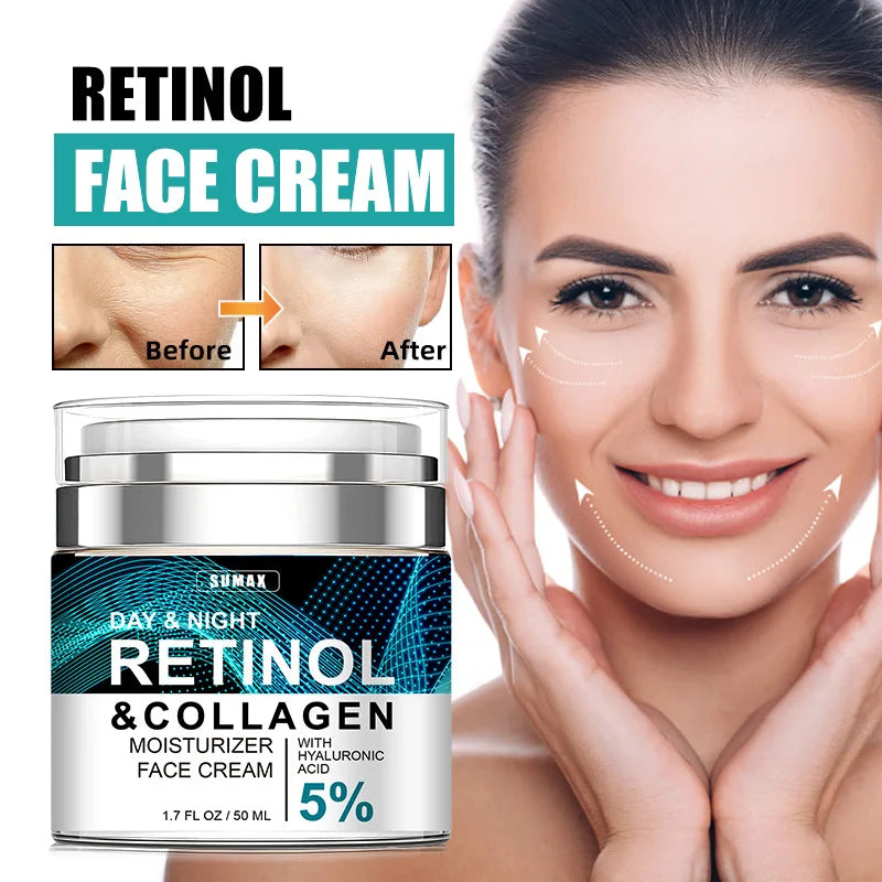 Sumax-Crème pour le visage au collagène de rétinol, soin hydratant à l'acide hyaluronique, raffermissant et éclaircissant à 5%, 50ml
