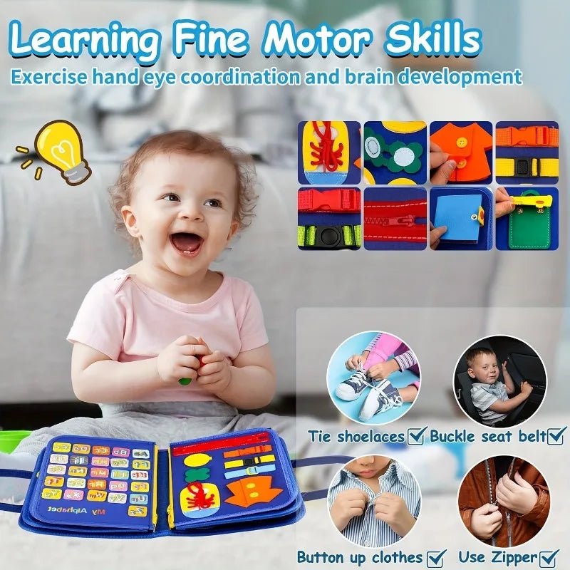 Planche occupée Montessori pour tout-petits, jouet sensoriel, activité de motricité Fine, voyage, apprentissage, cadeau pour garçons et filles, Polyester bleu
