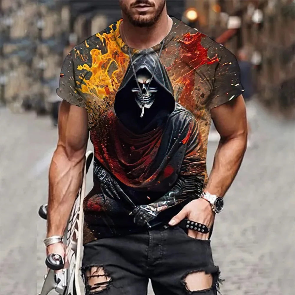 T-shirt manches courtes col rond pour homme, été et décontraé, imprimé en 3D, mode de rue en plein air, couleur unie