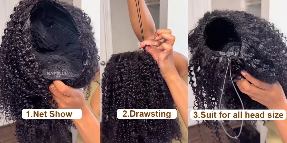 Demi-perruque cheveux humains crépus bouclés sans colle perruque cheveux humains prêt à porter 3 en 1 demi perruque avec cordon 250 densité bouclée demi-perruque