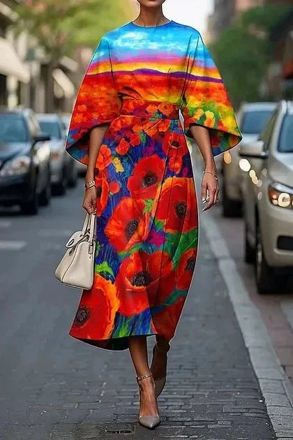 Elegant floral ocean dress for women, ankle-length, made of polyester fiber, independent station, cross-border, 2025