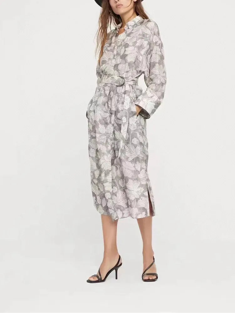 Women's Ginkgo print midi dress, beaded detailing, turn-down collar, belts, long sleeves, breathable, lightweight, ladies', 100%