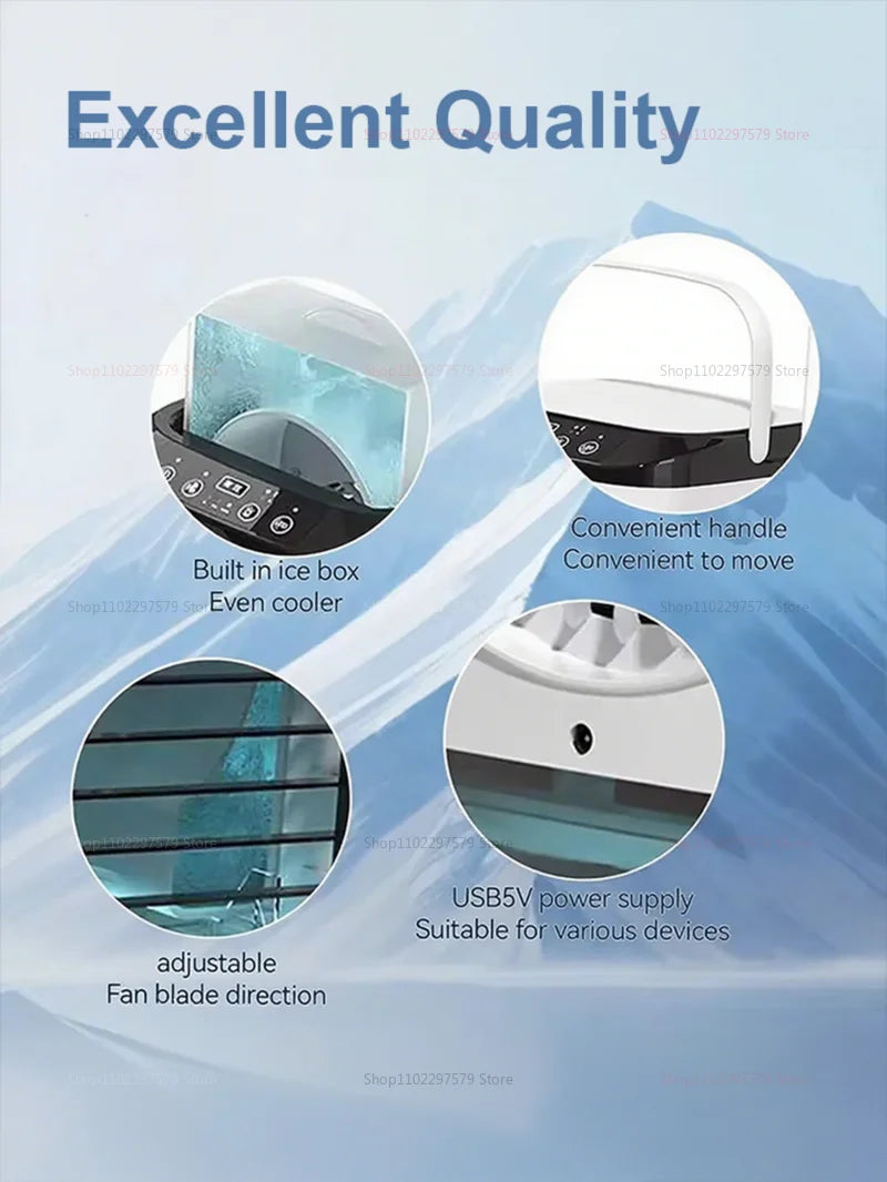 Mini portable desktop air cooler fan, quiet operation, equipped with a spray humidifier, ideal for cooling and hydrating, for the office and home.